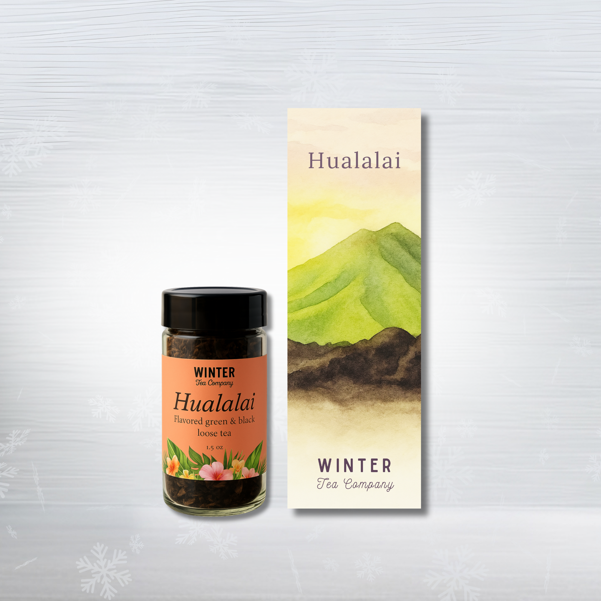 Hualalai tea jar and packaging on a light gray background