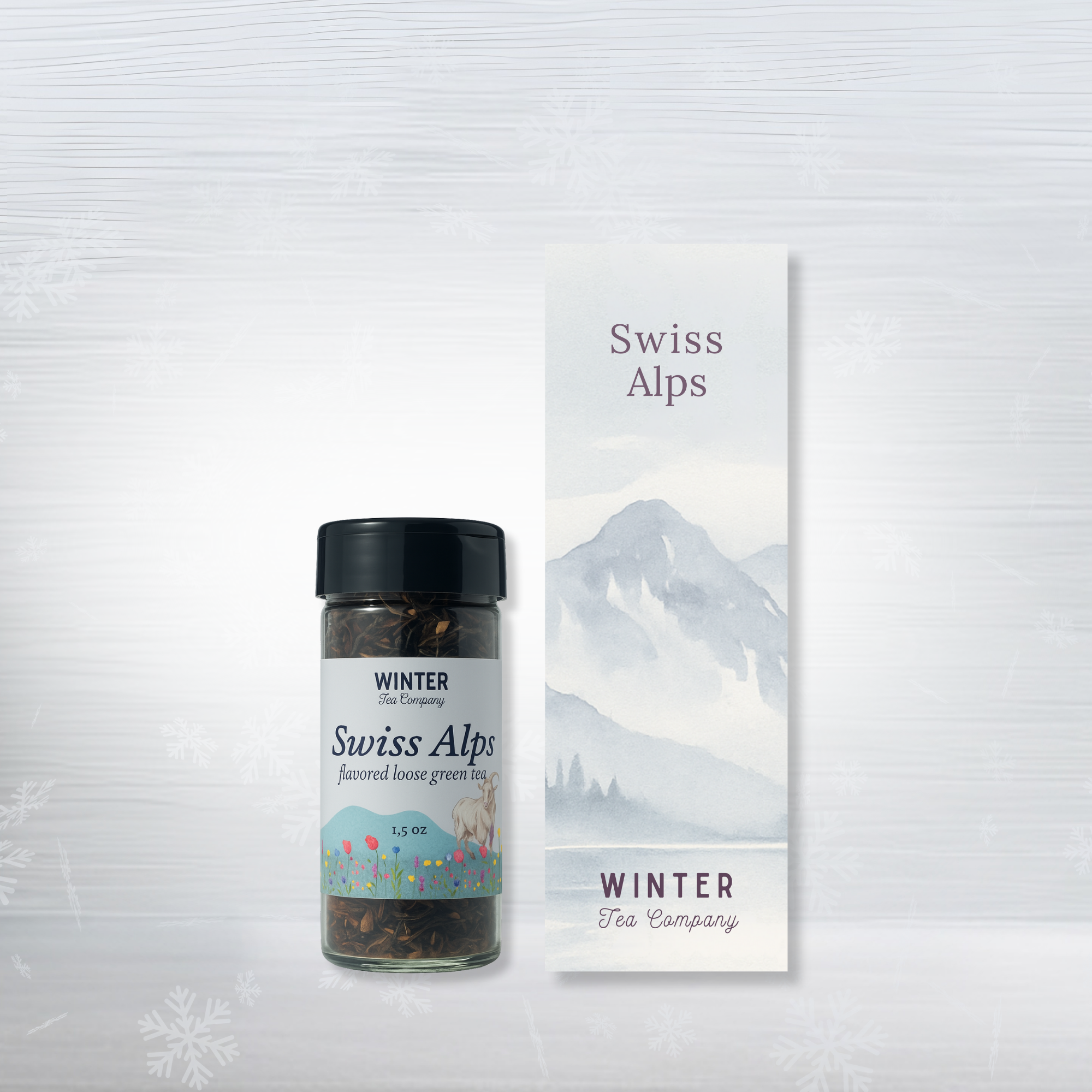 Tea jar labeled 'Swiss Alps' from Winter Tea Company on a white background