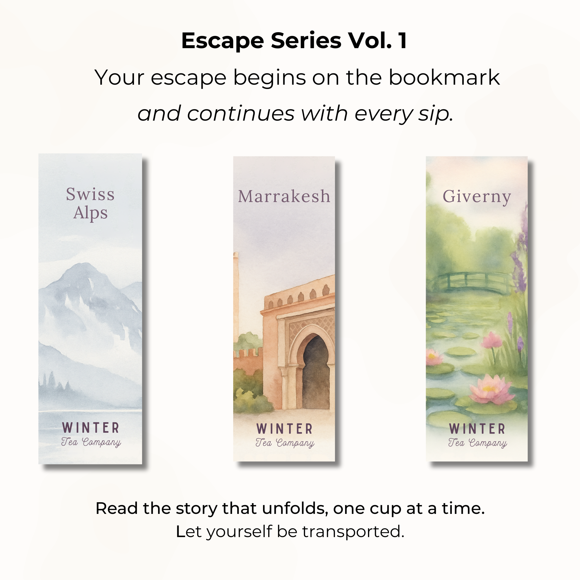 Winter Tea Company escape story bookmarks for Swiss Alps, Giverny, and Marrakech