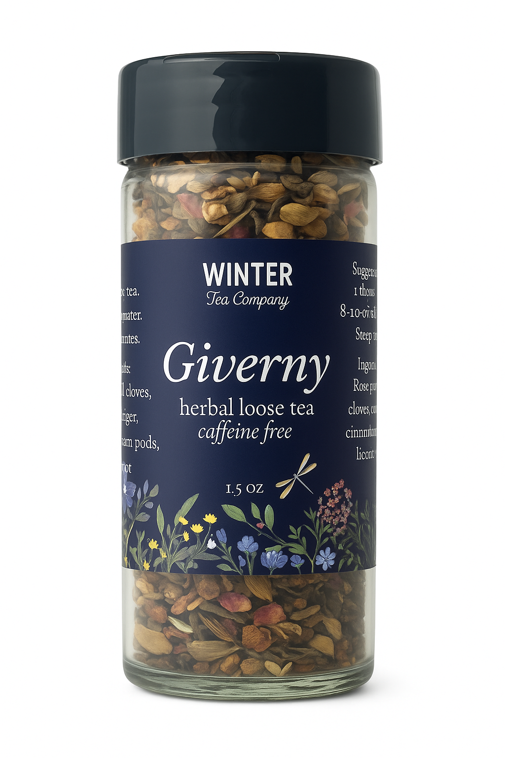 Winter Tea Company Giverny herbal loose tea jar and label with white background