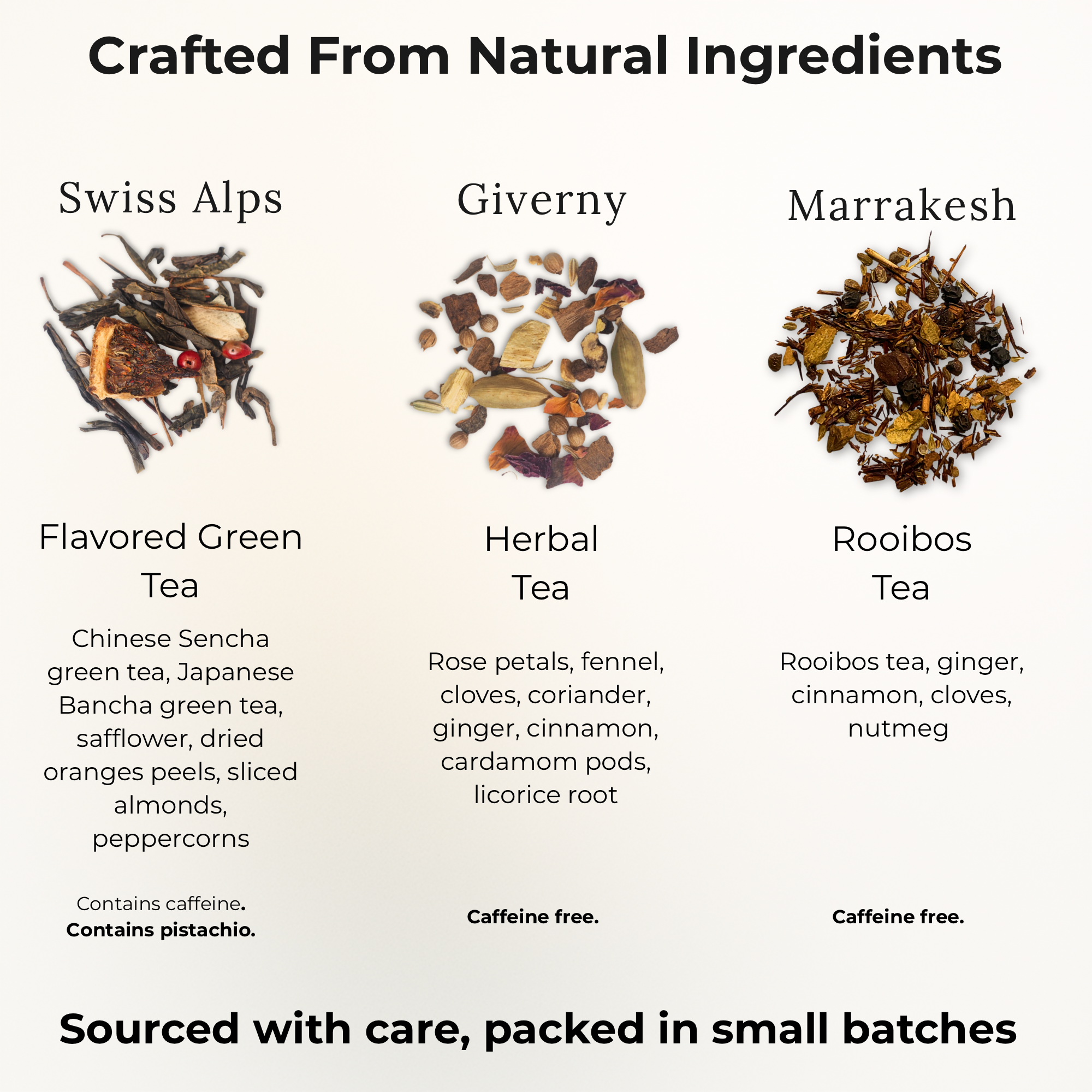 Ingredients and tea type infographic for Swiss Alps, Giverny, and Marrakech blends