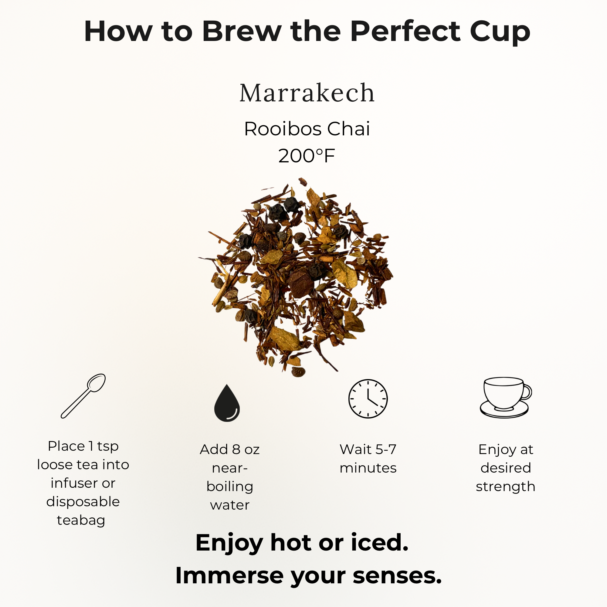 Instructions for brewing Marrakech Rooibos Chai tea with tea leaves and brewing details.