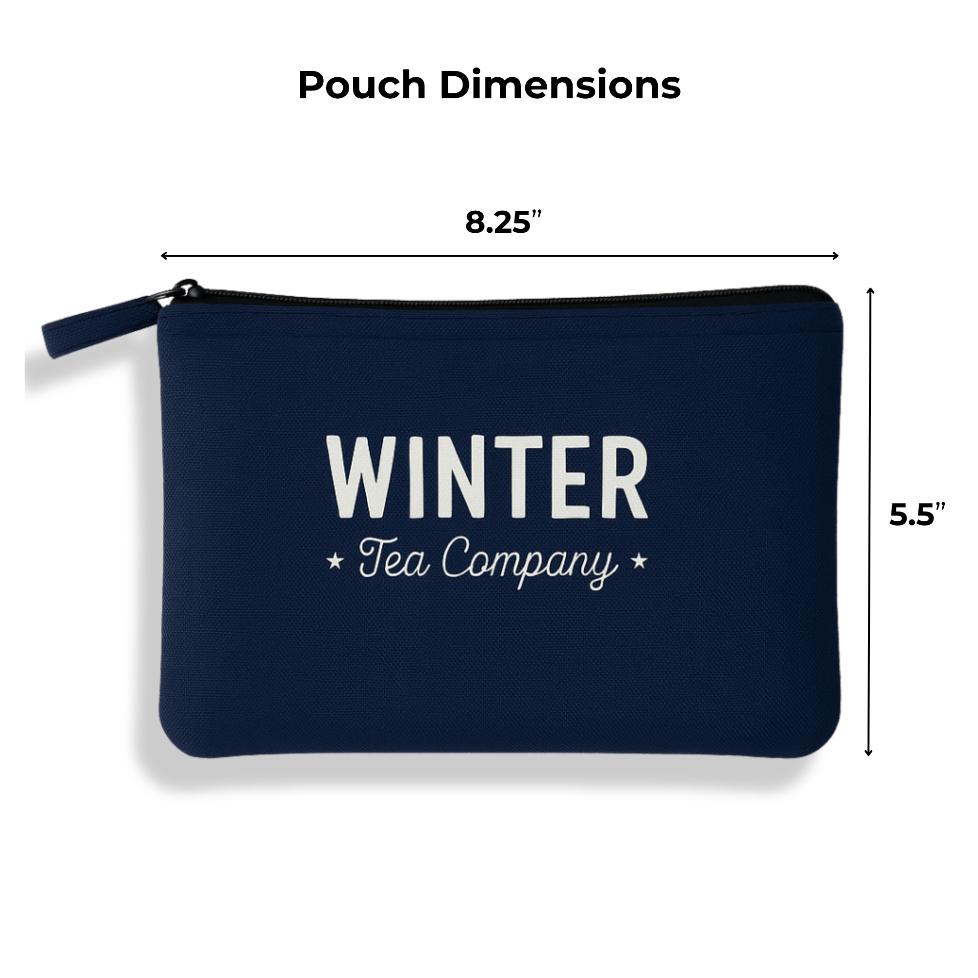 Winter Tea Company navy blue canvas travel pouch with dimensions