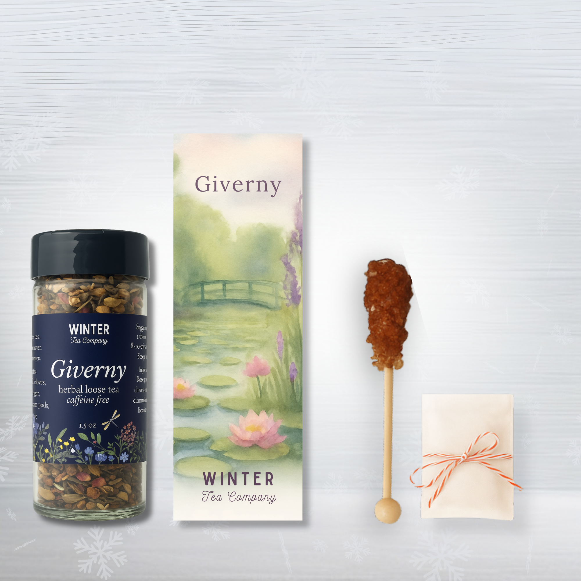 Giverny tea packaging with tea jar, spoon, and sachet on a light background