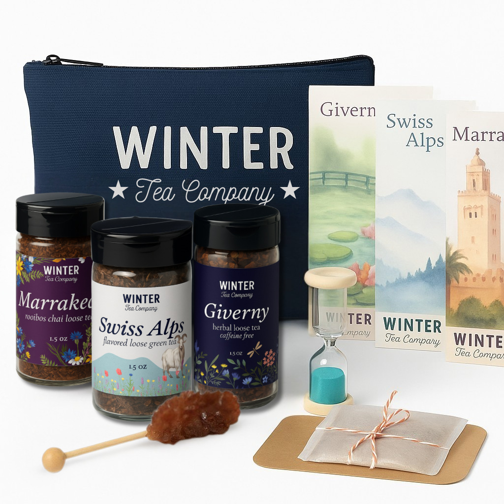 Swiss Alps Escape Gift Set with tea jar, story card, teabags, and sugar stirrer