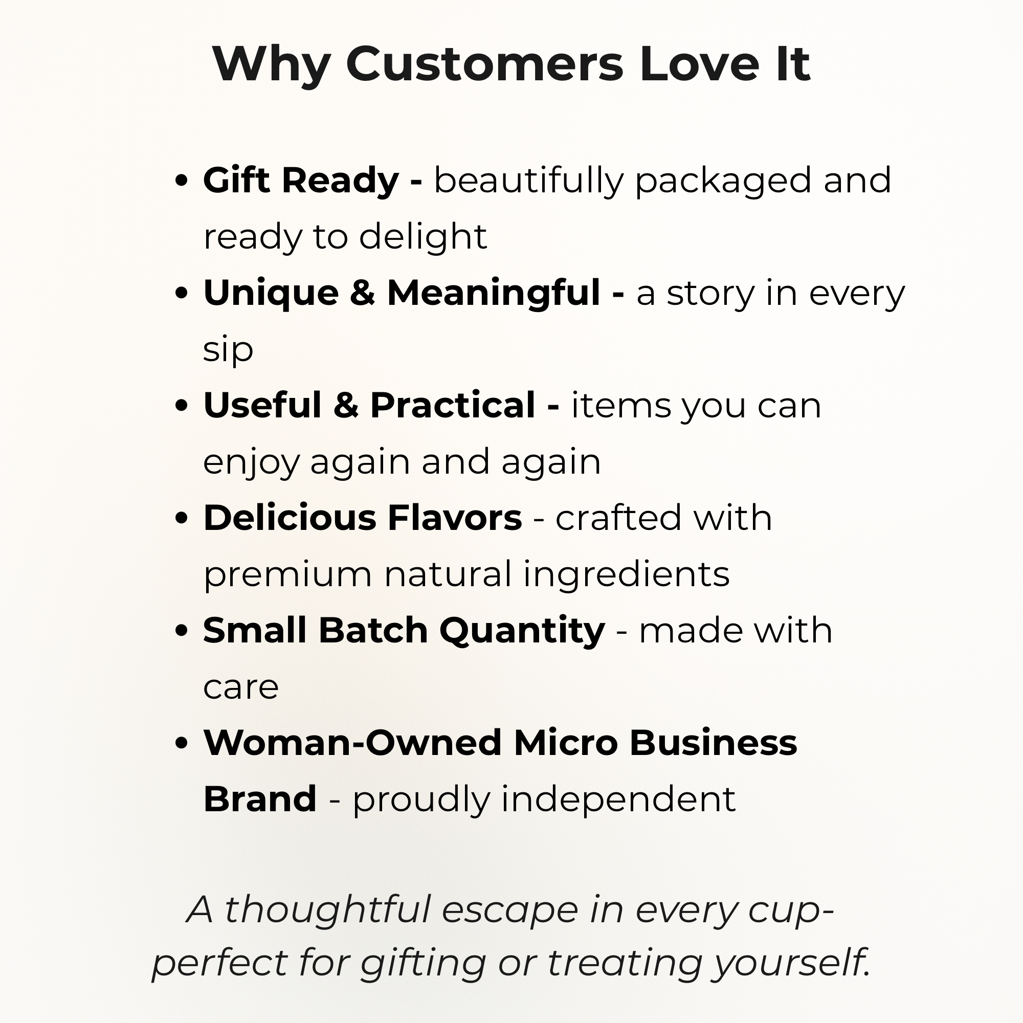 Infographic listing reasons customers love Winter Tea Company gift sets and teas.