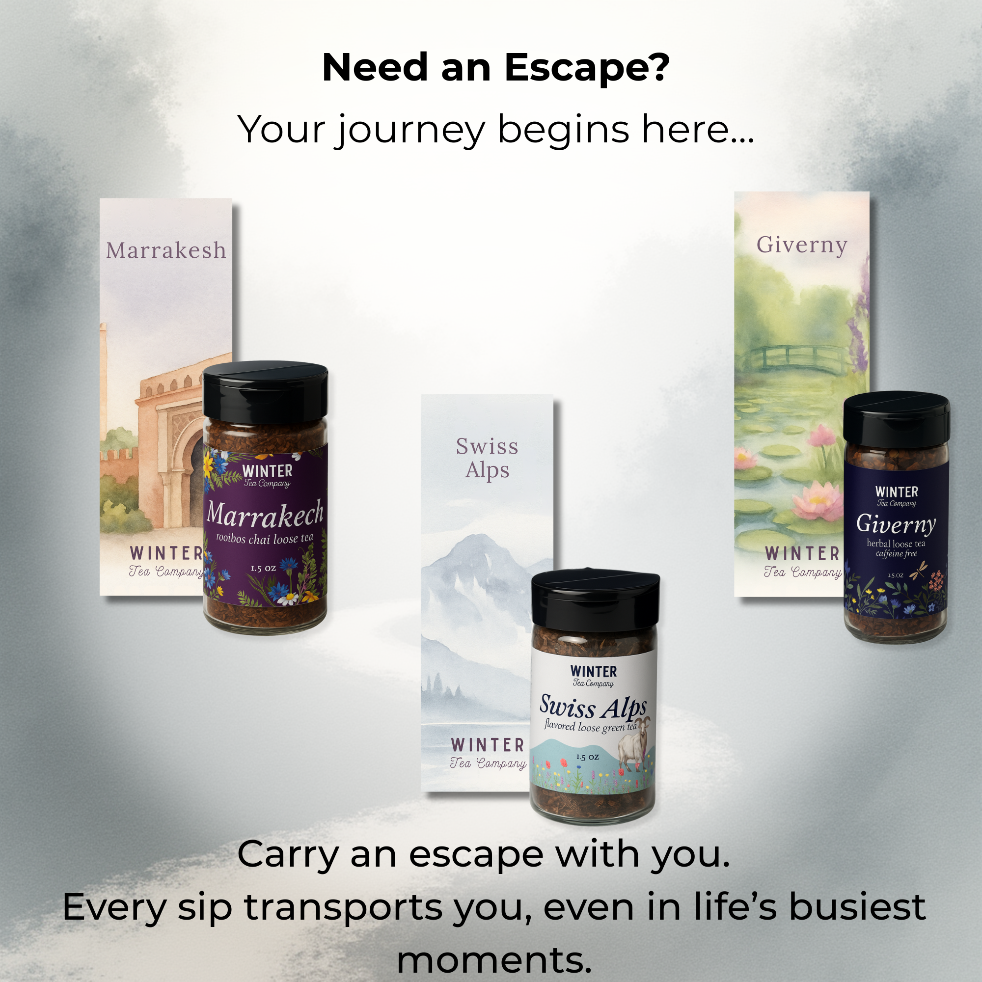 Winter Tea Company Escape Series teas and bookmarks with the phrase “Your journey begins here.”