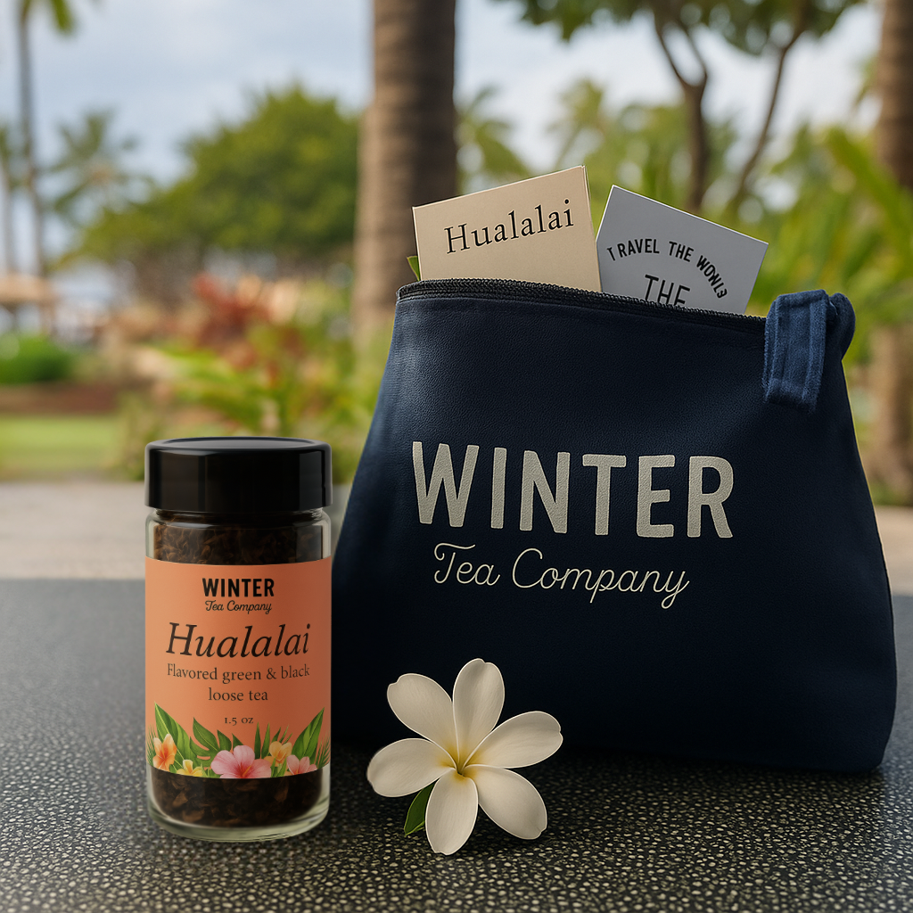 Winter Tea Company Hualalai tea jar and travel bag in a tropical setting